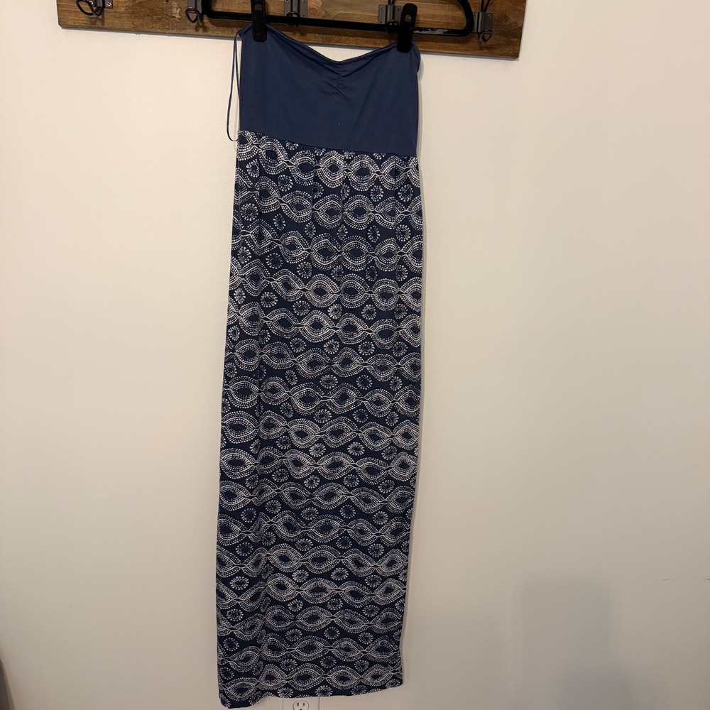 Roxy Navy Blue Strapless Geometric Print Empire Waist Maxi Dress Medium